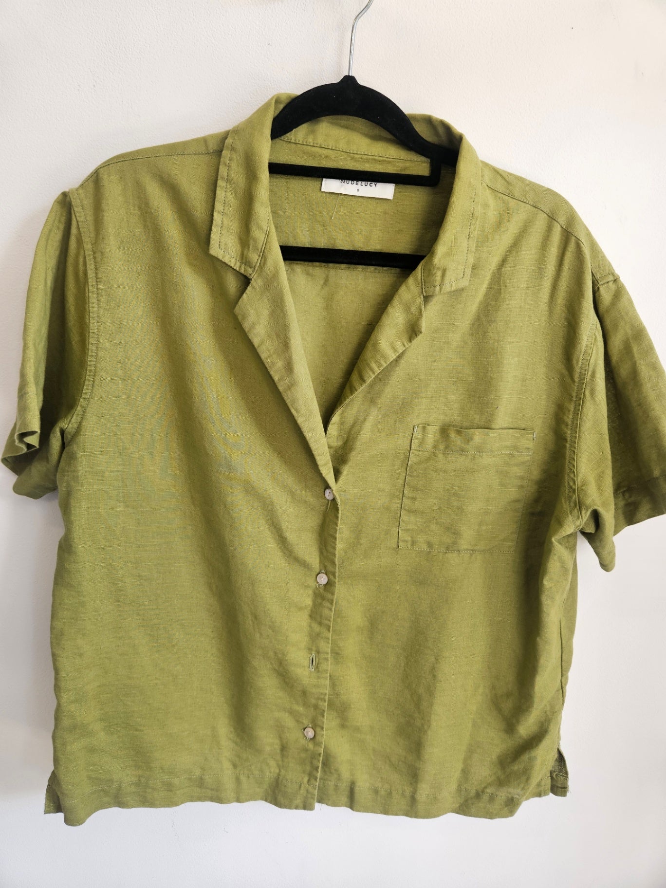 NUDE LUCY LINEN SHORT SLEEVE TOP OLIVE SIZE XS