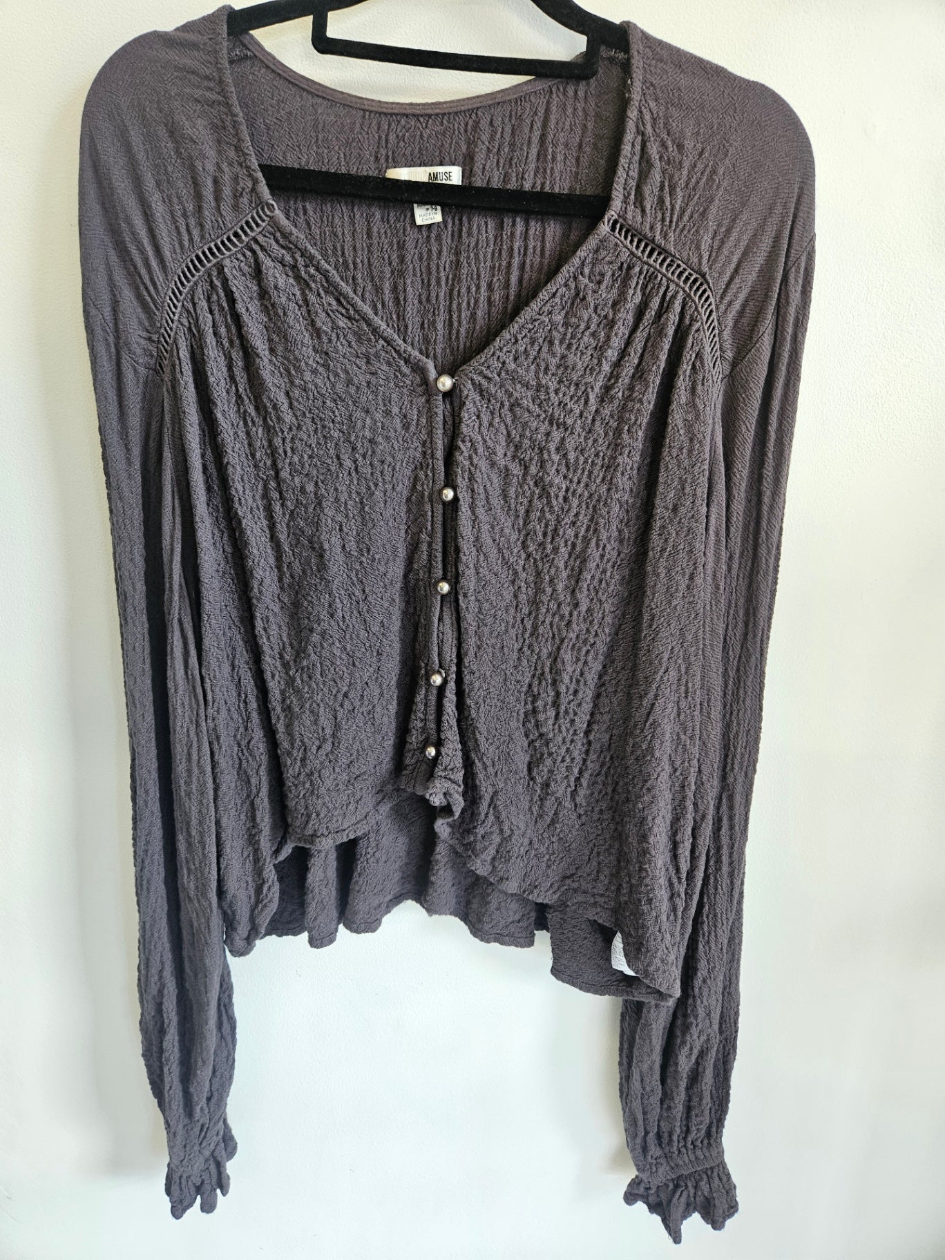 SOCIETY AMUSE CRINKLED COTTON LONG SLEEVE TOP CHARCOAL SIZE S