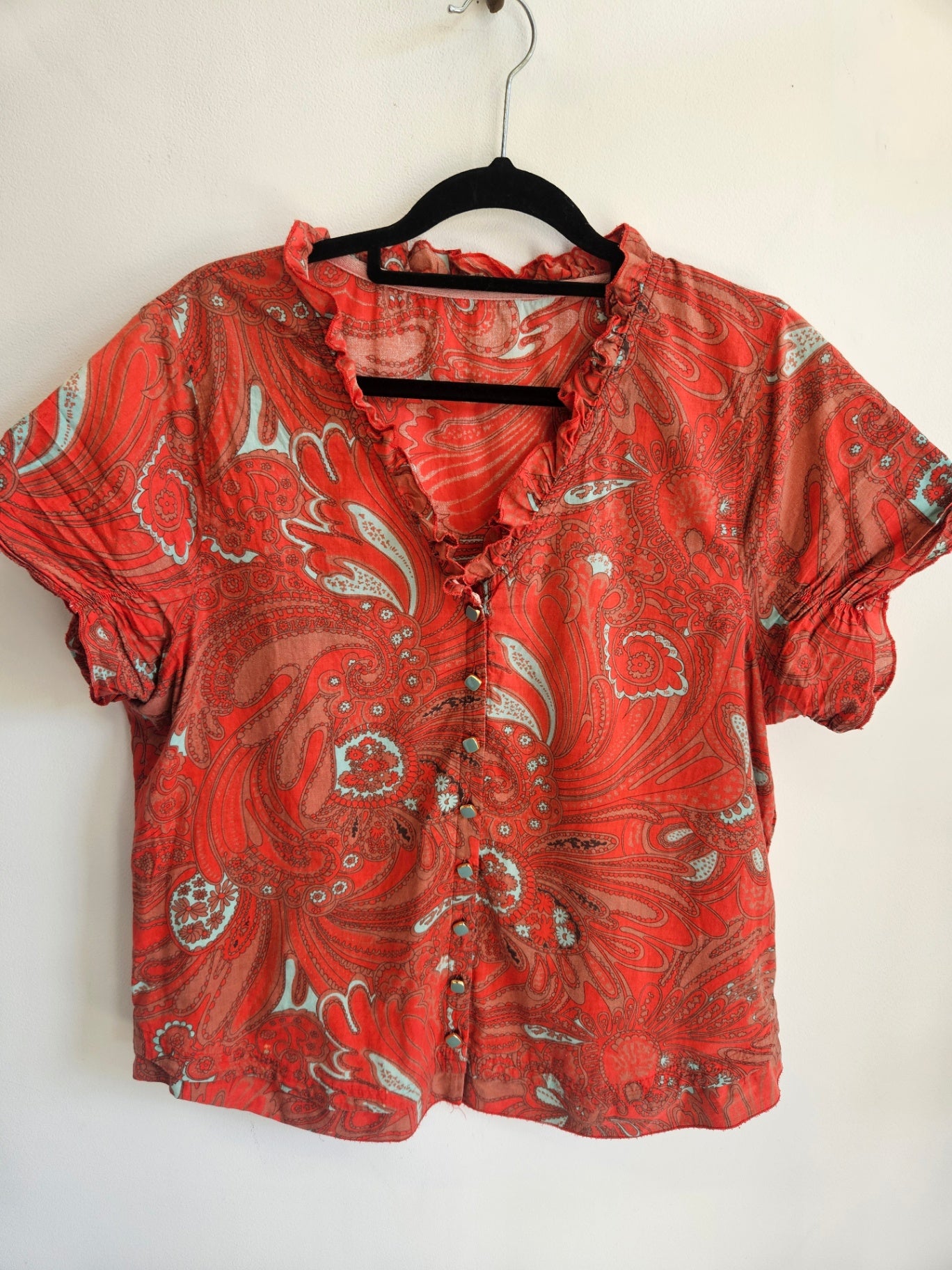 MARILYN SEYB COTTON SHORT SLEEVE TOP RED PAISLEY SIZE 14