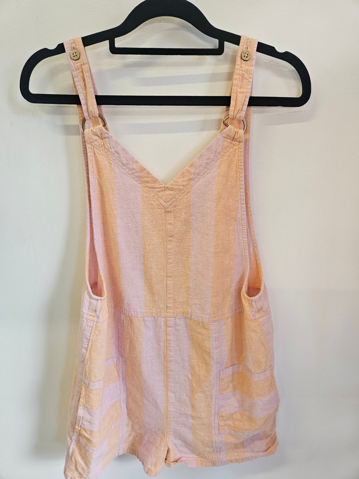 ROXY GIRL LINEN COTTON BLEND SHORTALL PEACH PINK STRIPE SIZE 14Y
