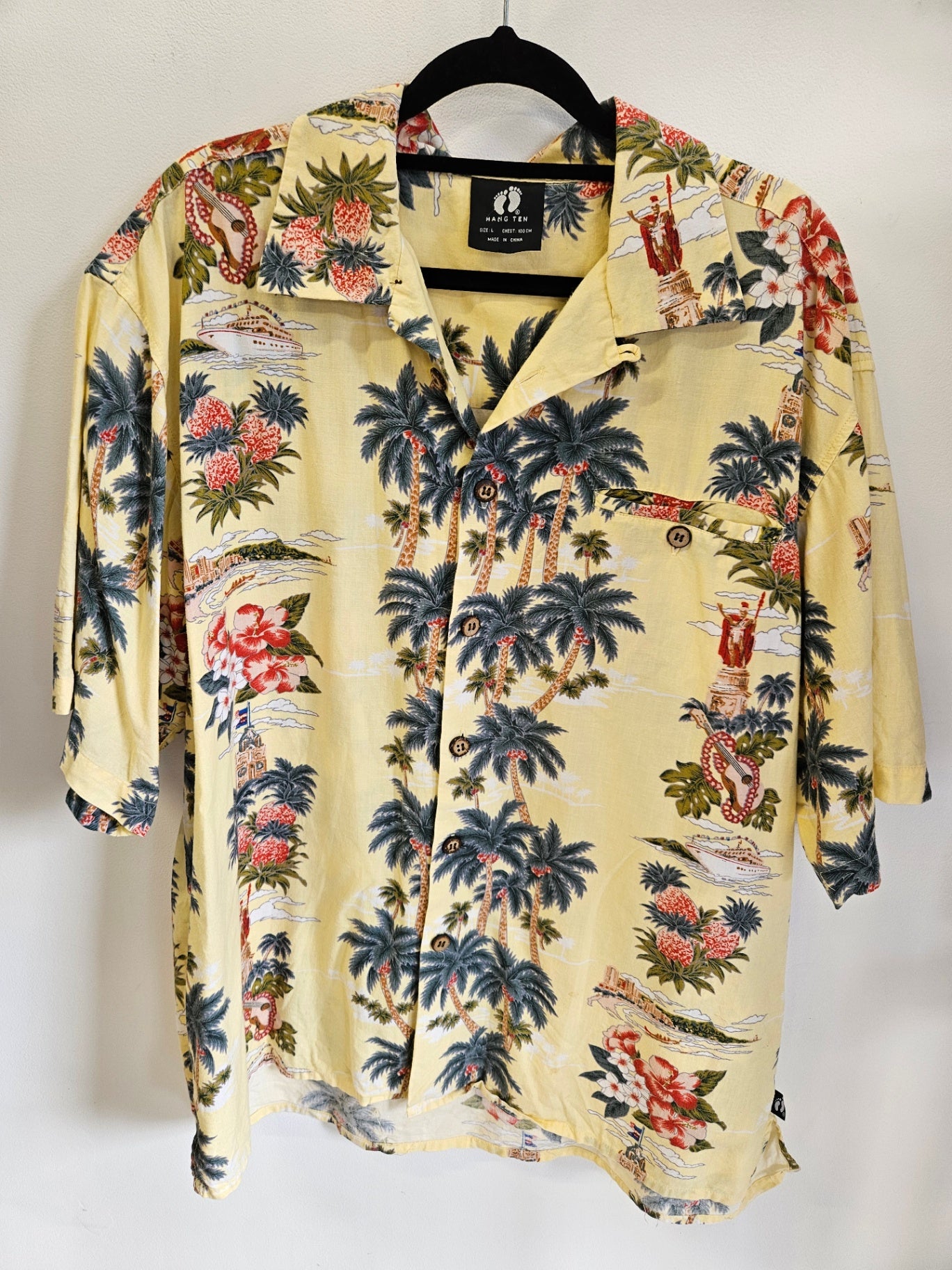 HANG TEN COTTON SHIRT YELLOW HAWAIIAN SIZE L