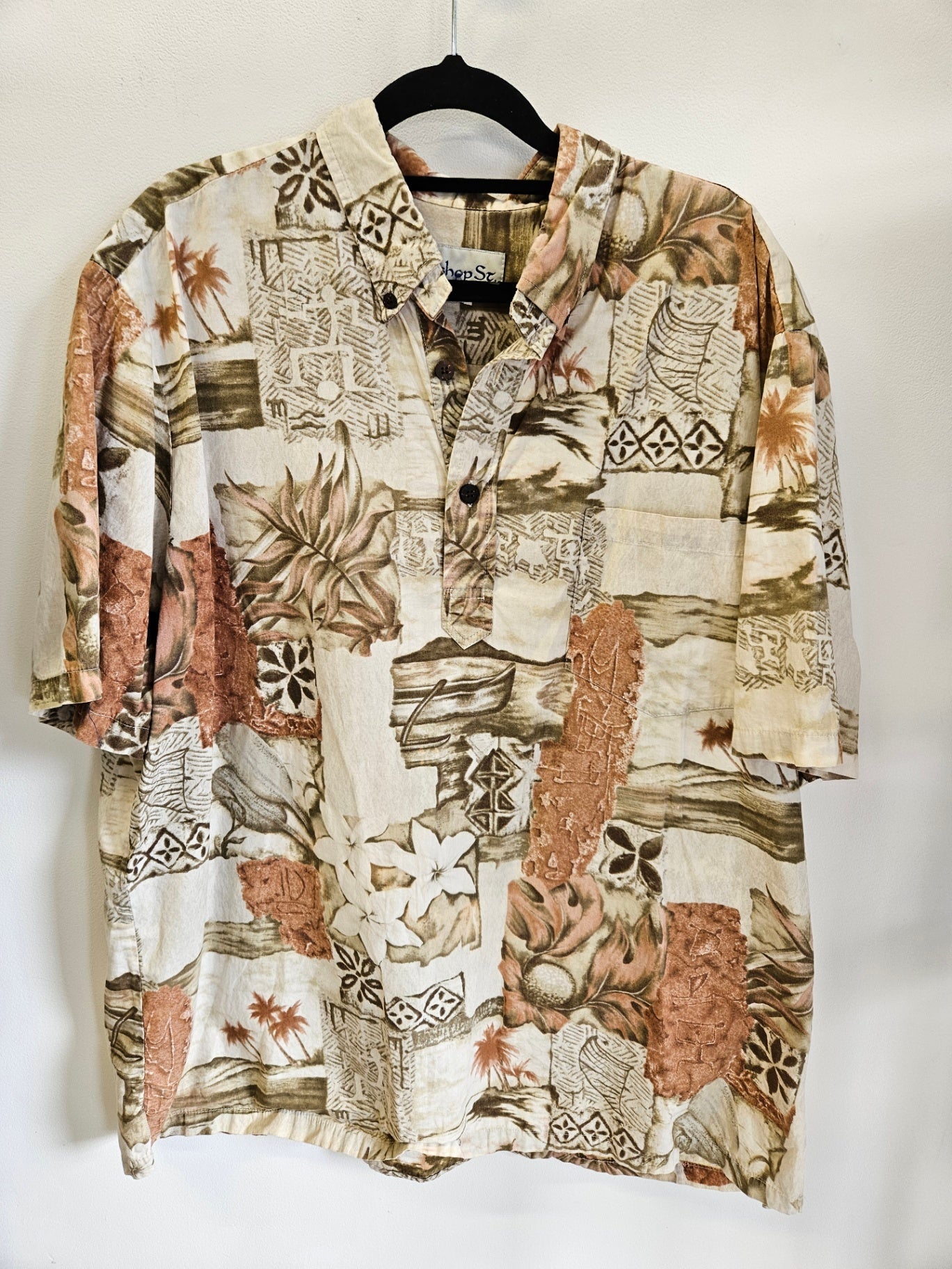 BISHOP STREET COTTON SHIRT CREAM BROWN KHAKI HAWAIIAN SIZE L