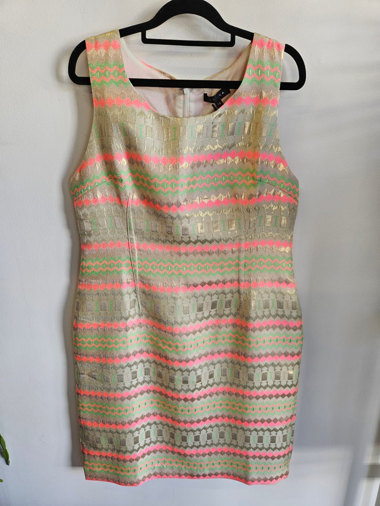 ZAFINA BROCADE DRESS BEIGE GOLD PINK GREEN SIZE 14