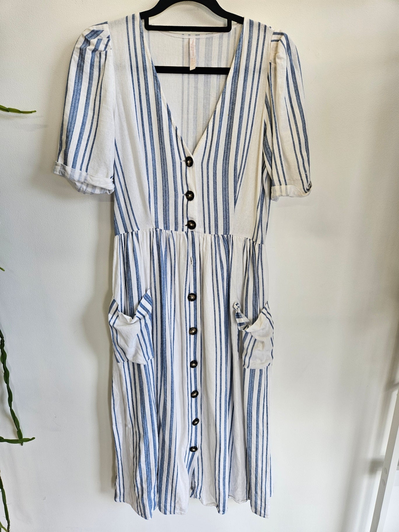 ZARA VISCOSE MIDI DRESS Cream with blue stripes SIZE S