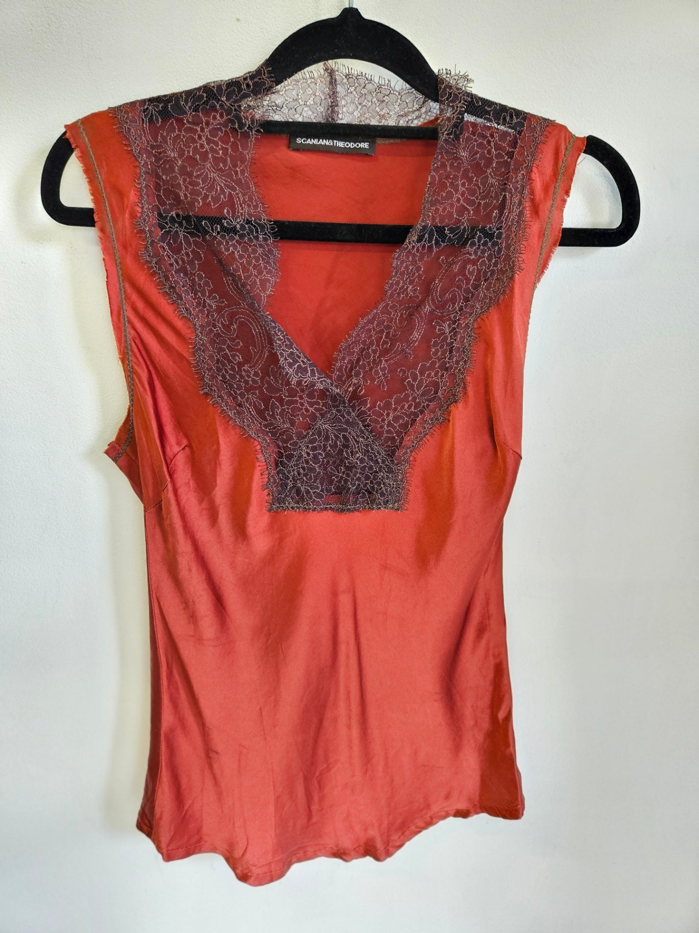 SCANLAN AND THEODORE SILK SLEEVELESS TOP RUST BROWN LACE TRIM SIZE S