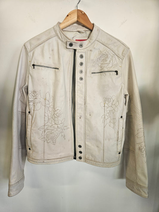 FIRETRAP LEATHER JACKET CREAM DISTRESSED GOLD FLORAL SIZE L