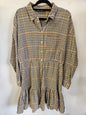 ZARA COTTON LONG SLEEVE MINI DRESS CREAM NAVY BROWN CHECK SIZE M