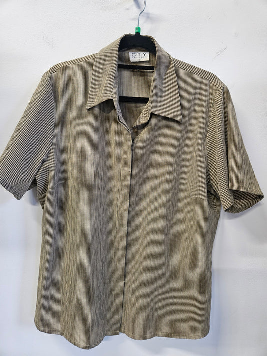 CITY CASUALS RAYON BLEND SHORT SLEEVE SHIRT BEIGE BLACK MICRO GINGHAM SIZE 14