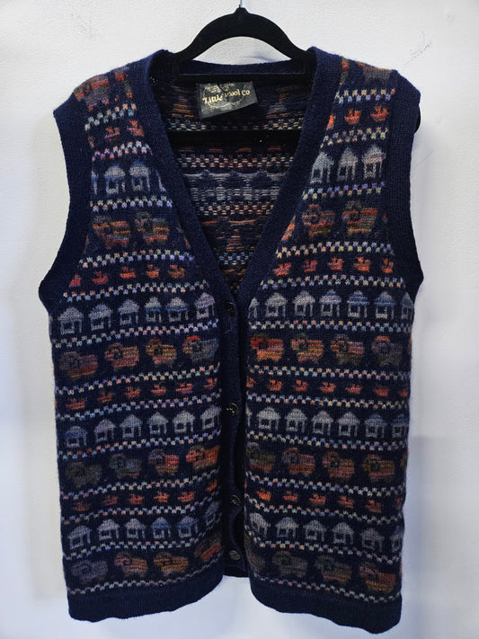 LITTLE WOOL CO MOHAIR WOOL BLEND VINTAGE KNITTED VEST NAVY HOUSE SIZE L