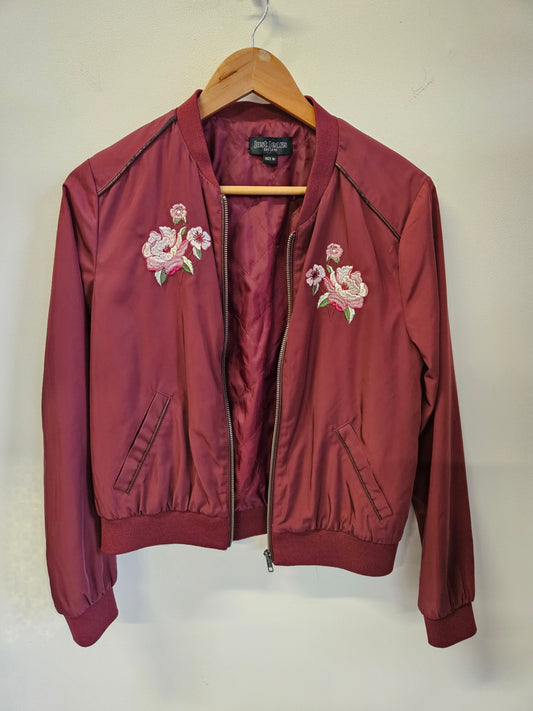 JUST JEANS NYLON JACKET BURGUNDY EMBROIDERED SIZE 10