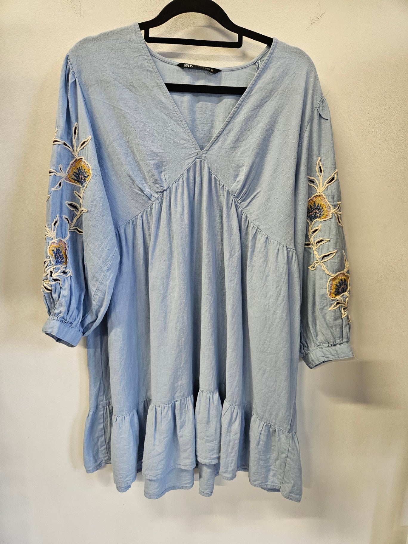 ZARA COTTON LINEN DRESS LIGHT BLUE SIZE M