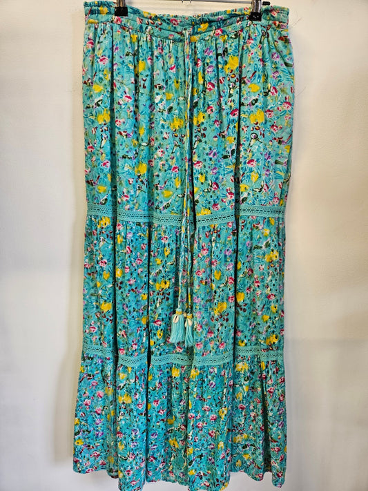 BEATNIK PHILOSOPHY COTTON BROIDERIE WIDE LEG PANTS AQUA FLORAL SIZE S