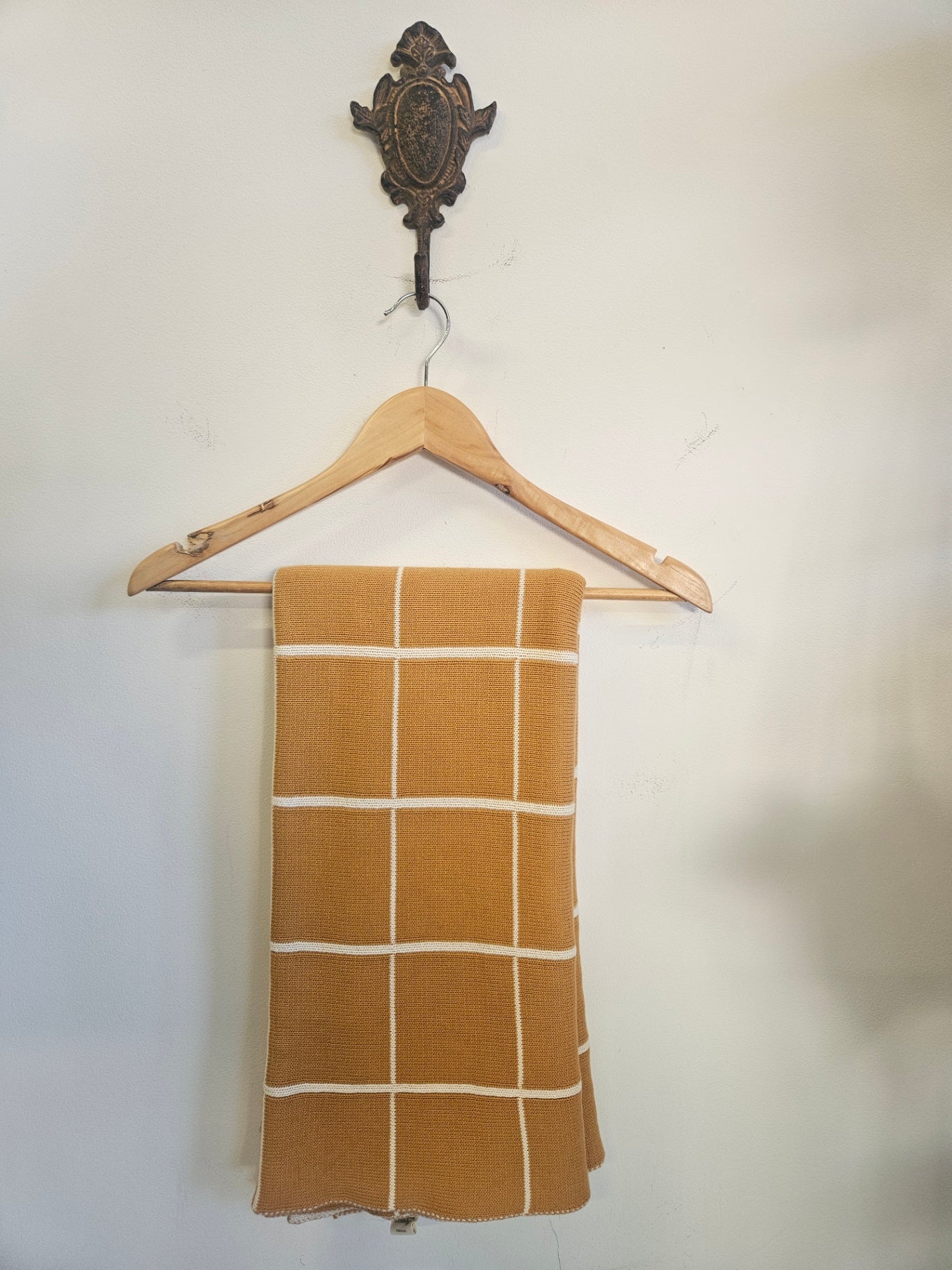 NATURE BABY ORGANIC COTTON BABY BLANKET MUSTARD CREAM CHECK SIZE 110CM X 90CM