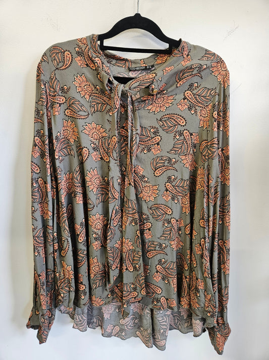 FATE AND BECKER VISCOSE LONG SLEEVE TOP KHAKI TERACOTTA FLORAL SIZE 10