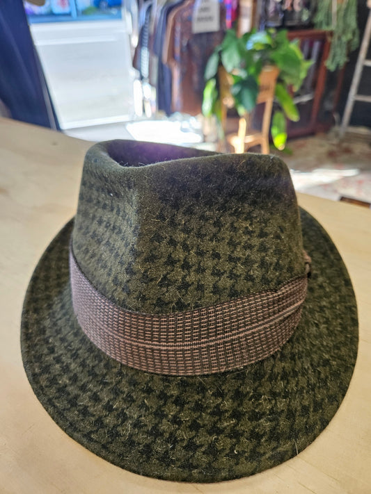 VINTAGE WOOL FEDORA HAT OLIVE HOUNDSTOOTH SIZE