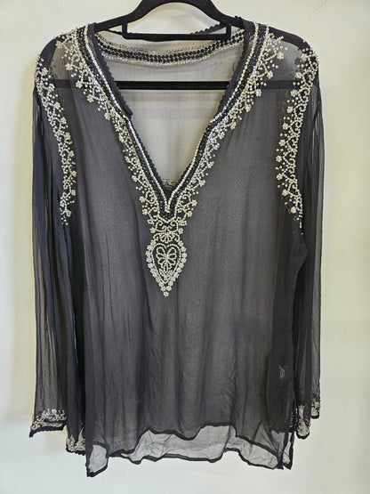 SILK SEQUINNED LONG SLEEVE TOP BLACK DIAMANTE SIZE 12