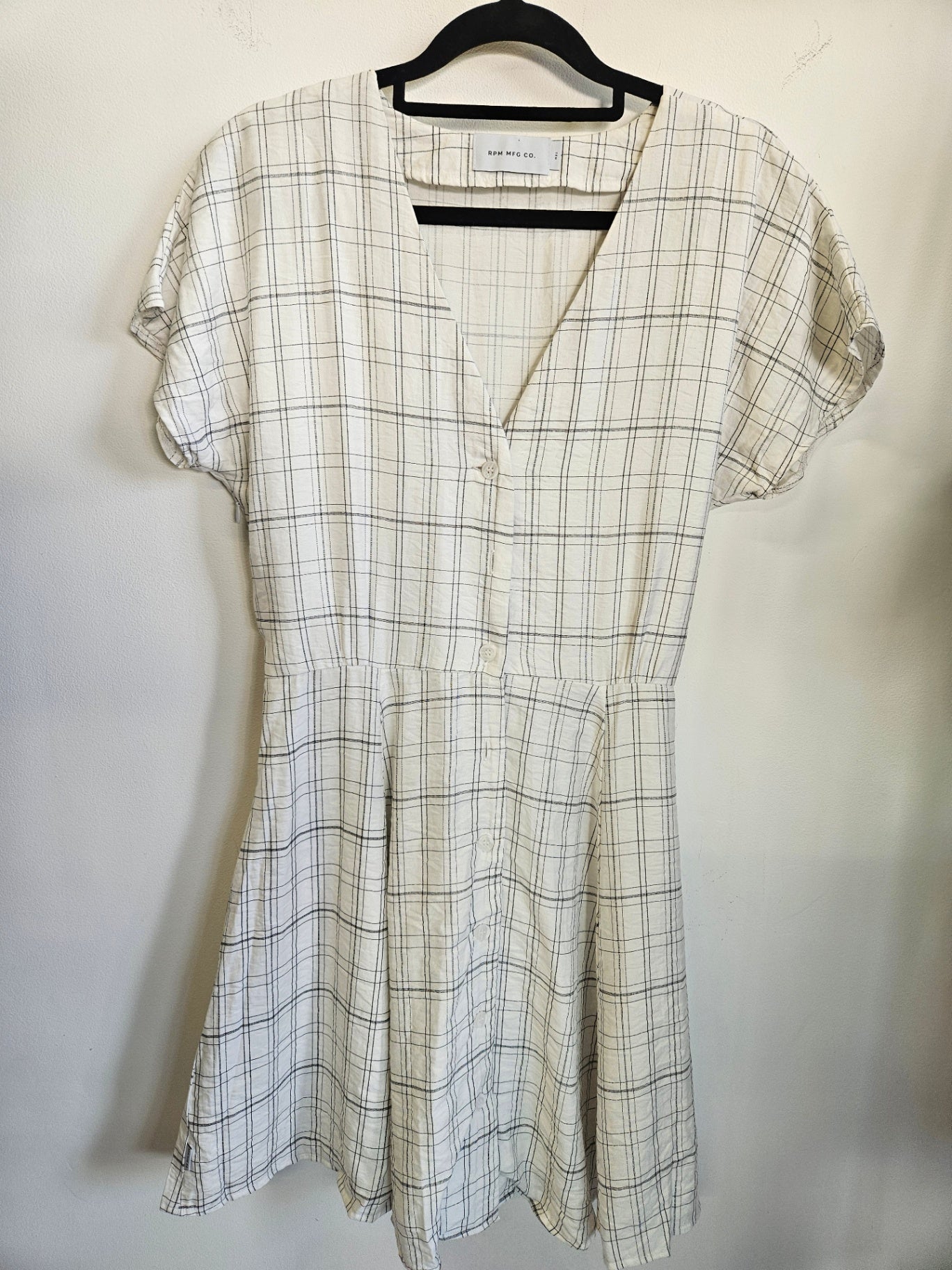 RPM MFG CO. COTTON BLEND SHORT SLEEVE MINI DRESS WHITE BLACK PLAID SIZE 10