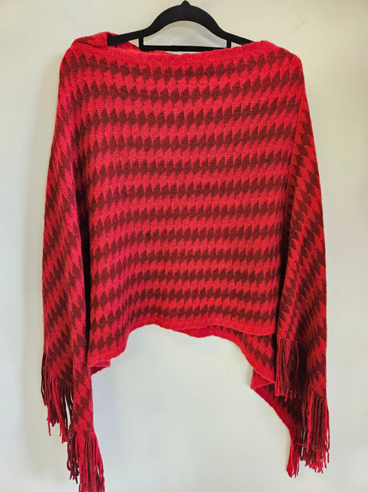 WOOL PONCHO RED AND BURGUNDY HOUNDSTOOTH FREE SIZE