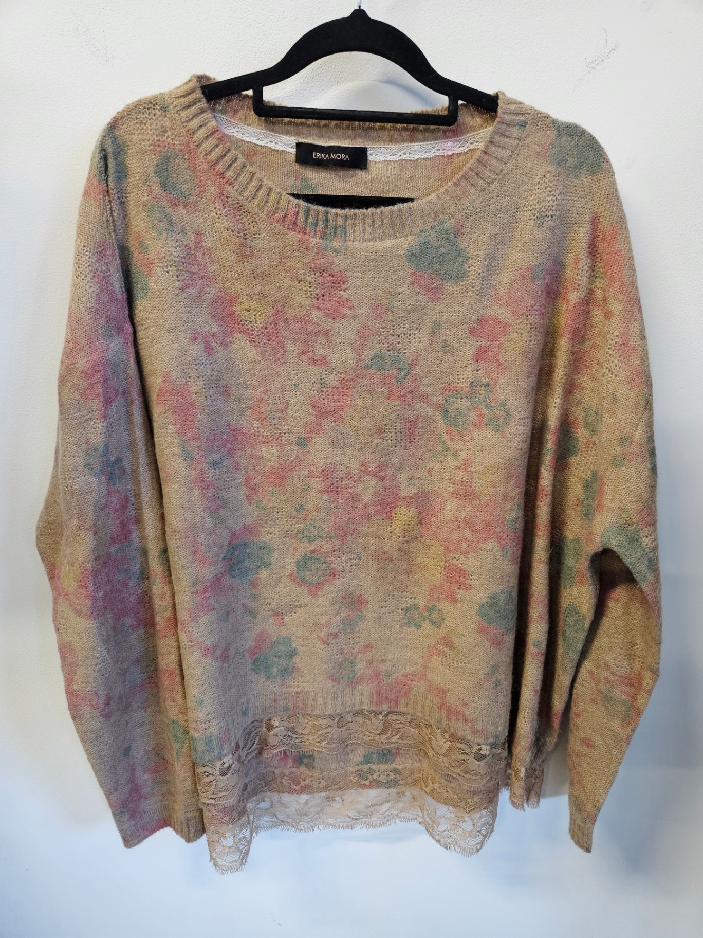 ERIKA MORA LLAMA WOOL BLEND KNITTED LONG SLEEVE TOP BEIGE FLORAL SIZE L