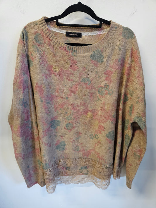 ERIKA MORA LLAMA WOOL BLEND KNITTED LONG SLEEVE TOP BEIGE FLORAL SIZE L