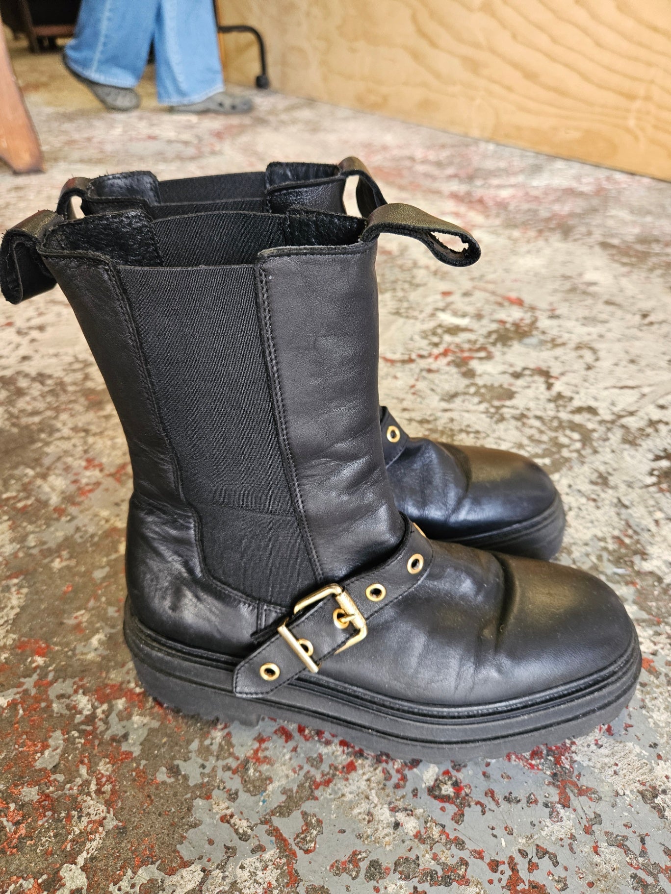 ISABELLA ANSELMI LEATHER BIKER BOOTS BLACK GOLD SIZE 40