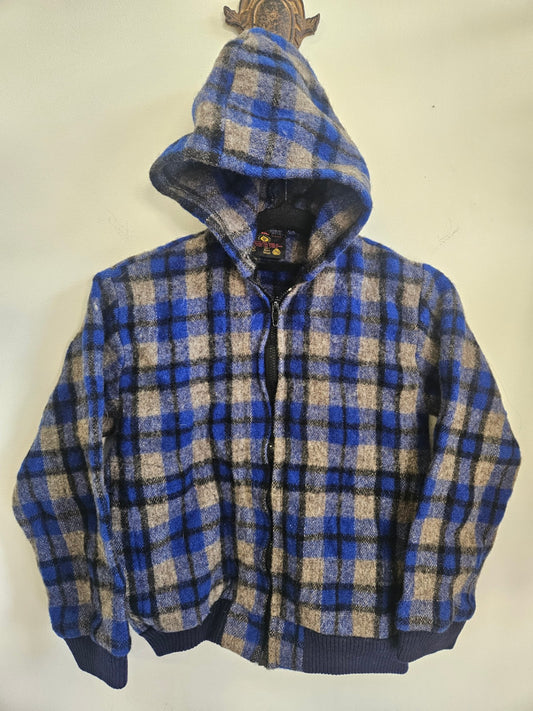 HUNTERS GOLD WOOL ZIP UP HOODED SWEATSHIRT BLUE GREY CHECK SIZE 10-12Y