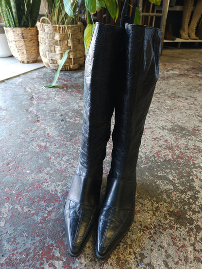BRIARWOOD LEATHER KNEE HIGH BOOTS BLACK EMBOSSED SIZE 38