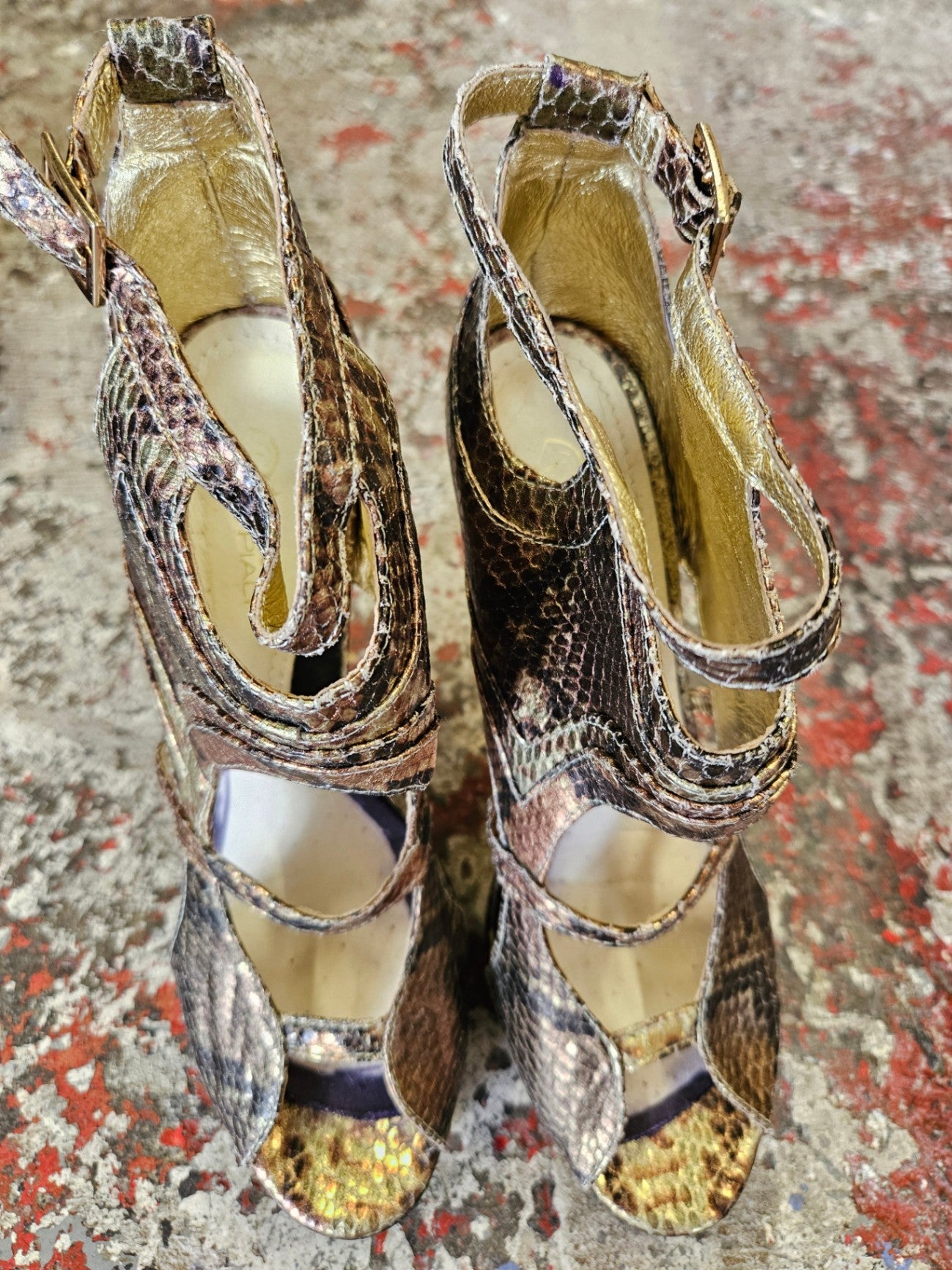 HAILWOOD MI PIACI COLAB LEATHER HIGH HEELS BRONZE GOLD SNAKE SIZE 39