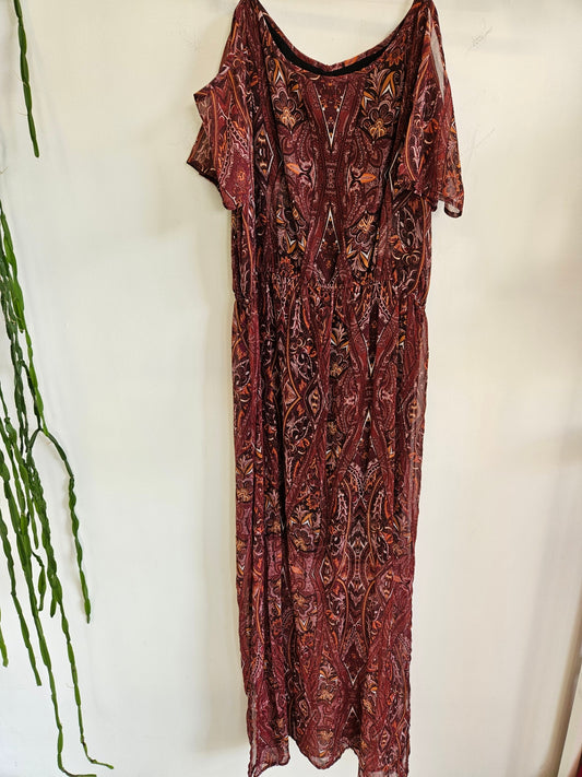 MAX CHIFFON MAXI DRESS BURGUNDY PAISLEY SIZE 12