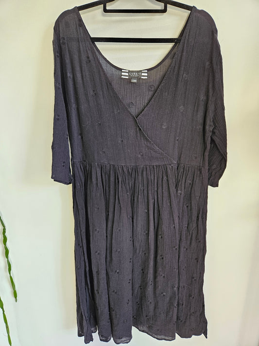 CURATE BY TRELISE COOPER COTTON LONG SLEEVE MIDI DRESS BLACK EMBROIDERED FLOWER SIZE L/XL