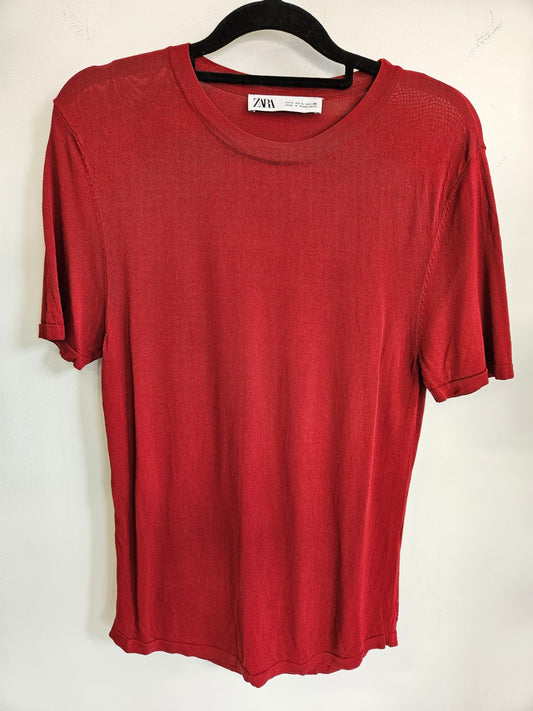 ZARA VISCOSE BLEND SHORT SLEEVE TOP RED SIZE L