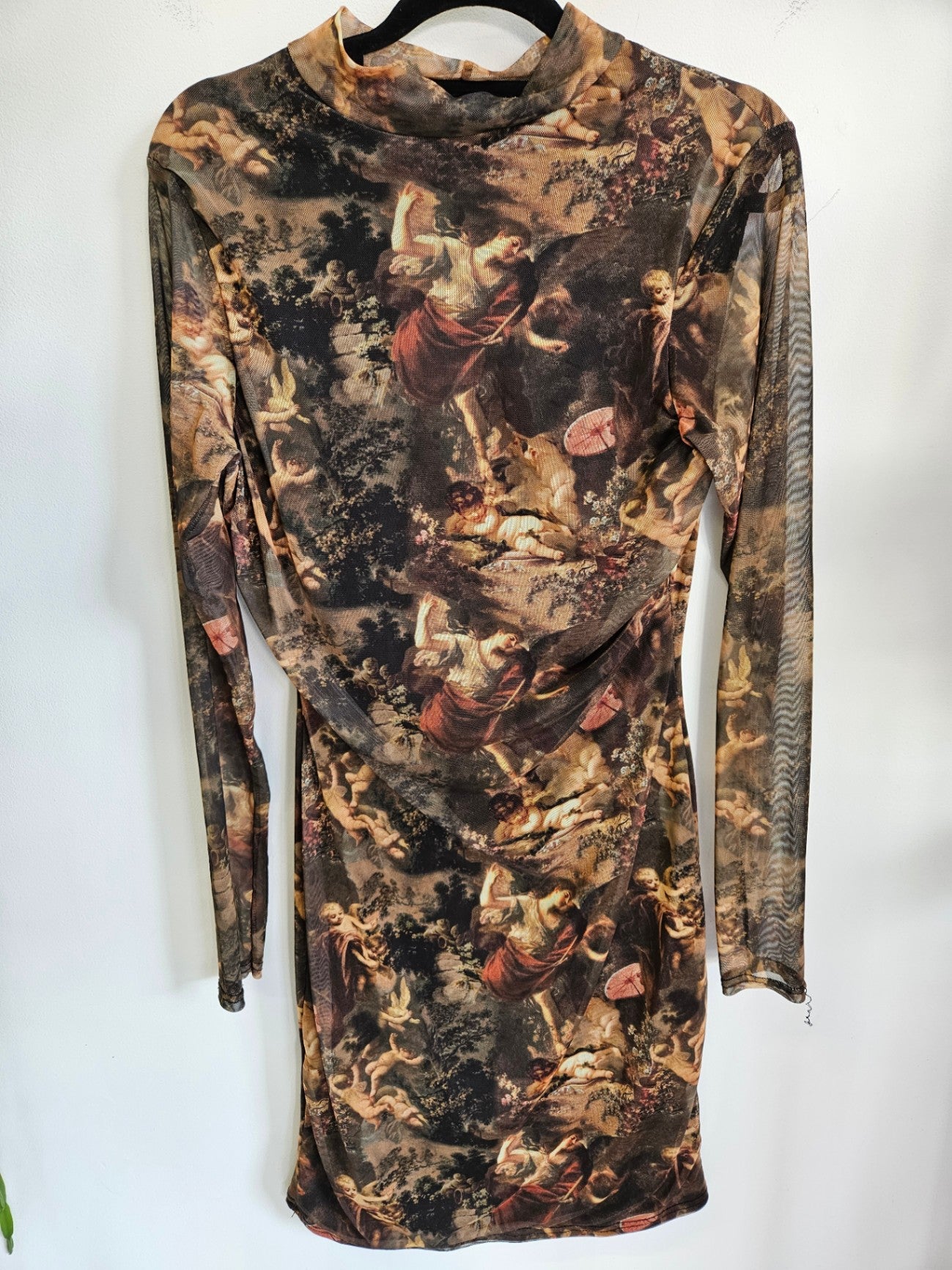 PRETTY LITTLE THING SHEER LONG SLEEVE MINI DRESS HISTORIC MURAL SIZE 14