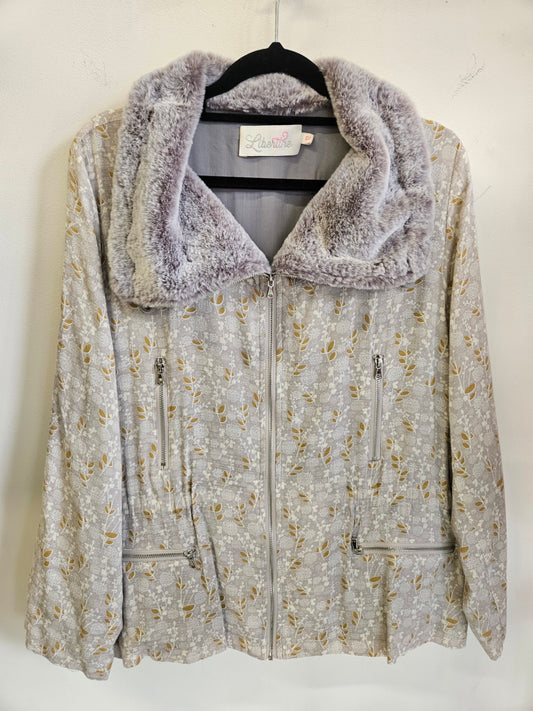 LIBERTINE COTTON LINEN JACKET PALE GREY FLORAL FAUX FUR SIZE 12