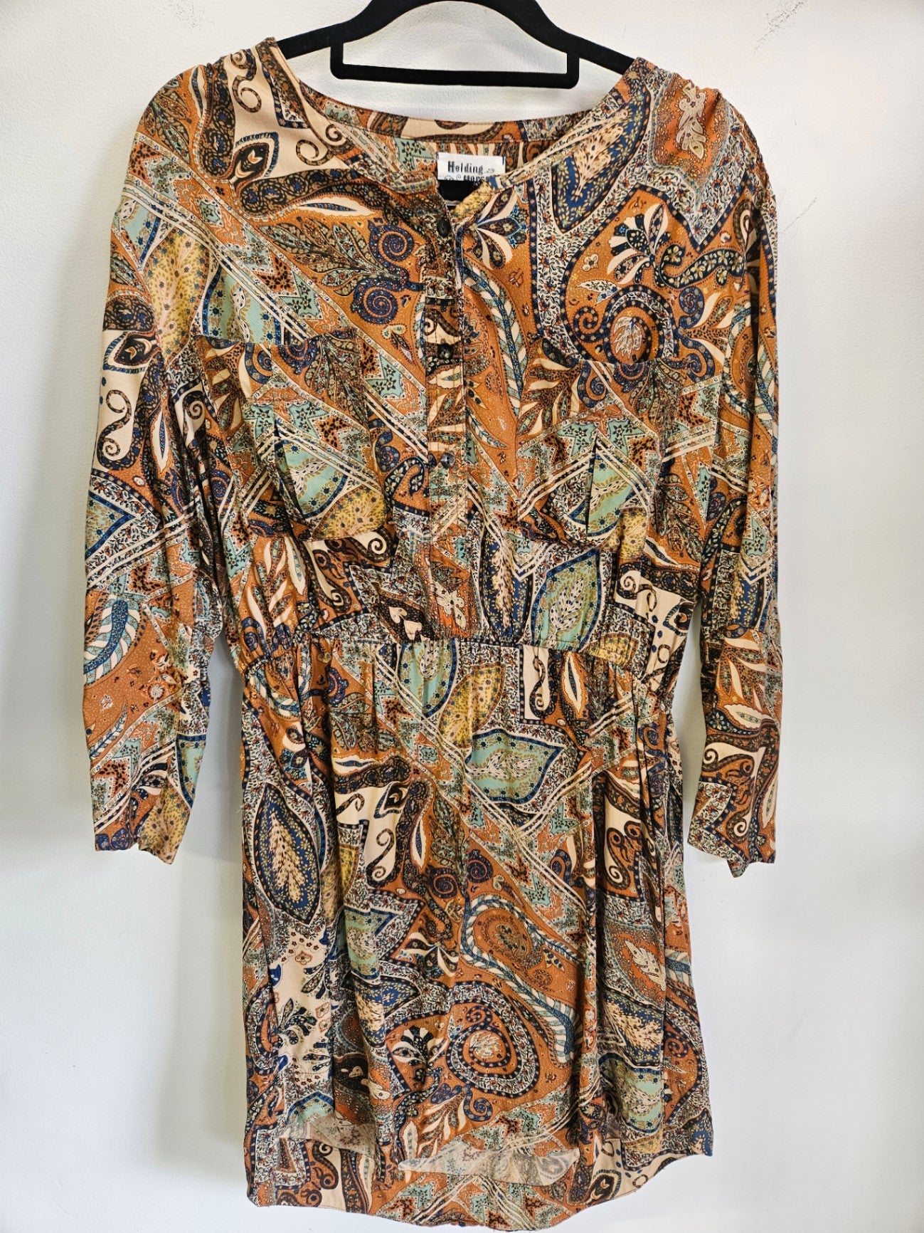 HOLDING HORSES RAYON DRESS BROWN PATTERNED SIZE 8