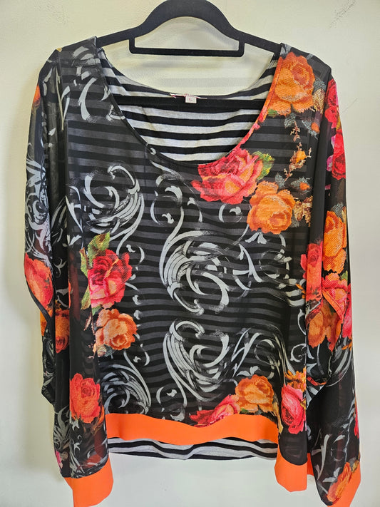 CHARLO SHORT SLEEVE TOP BLACK ORANGE FLORAL SIZE L