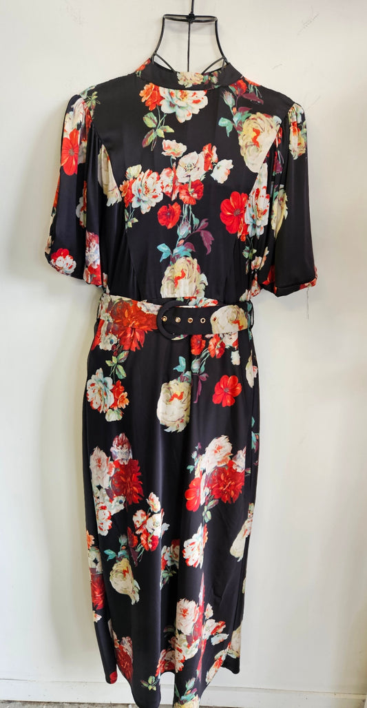 PAGANI SATIN FORMAL SHORT SLEEVE MAXI DRESS BLACK RED FLORAL SIZE 14