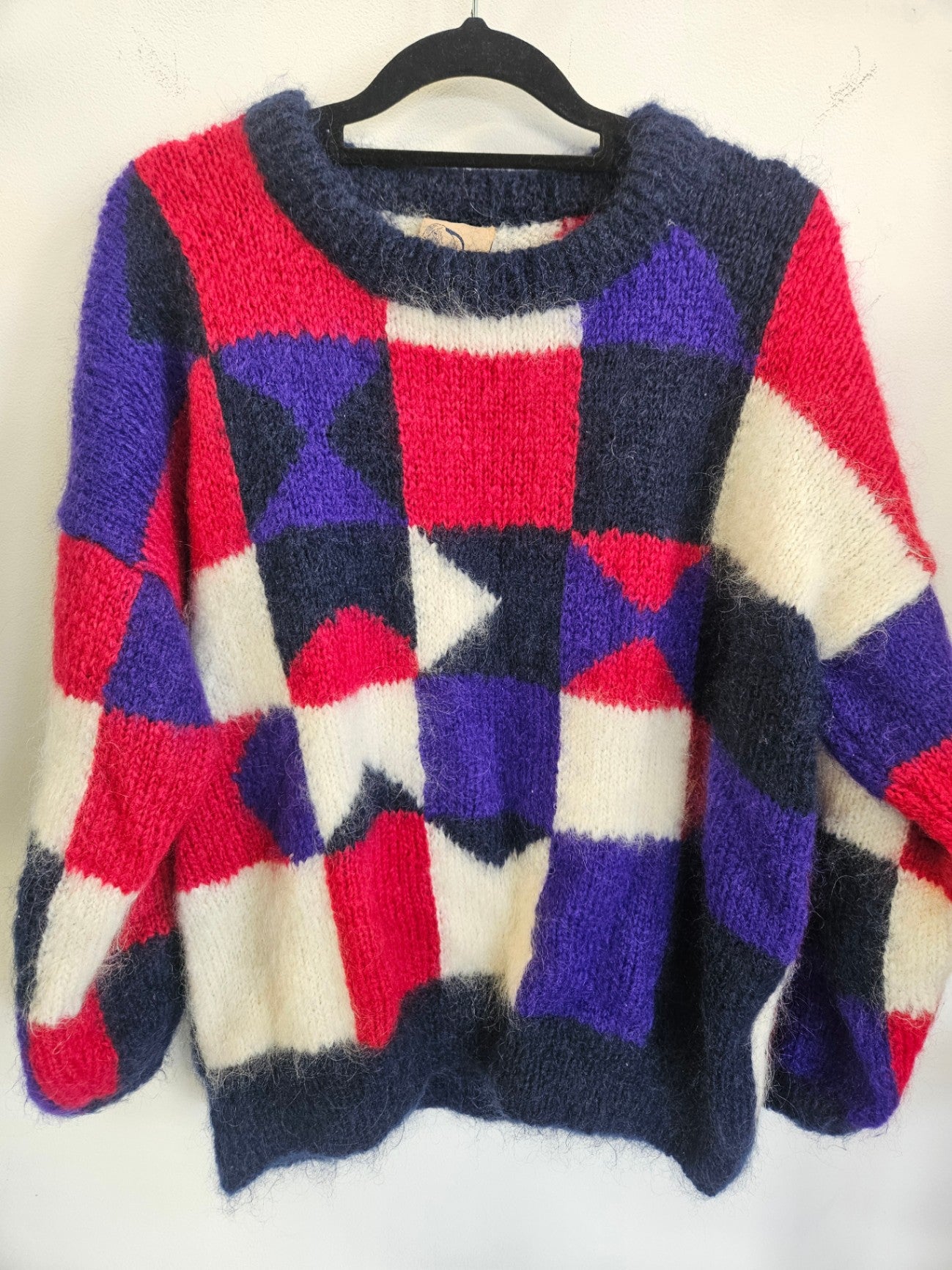 MOHAIR CRAFT MOHAIR KNITTED SWEATER NAVY WHITE RED PURPLE CHECKER SIZE M