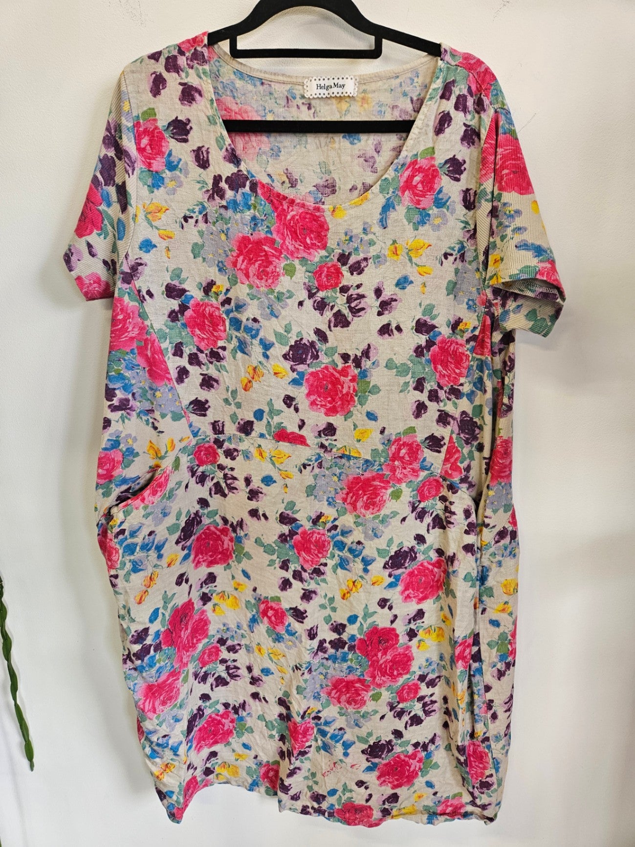 HELGA MAY LINEN SHORT SLEEVED DRESS BEIGE FLORAL SIZE L