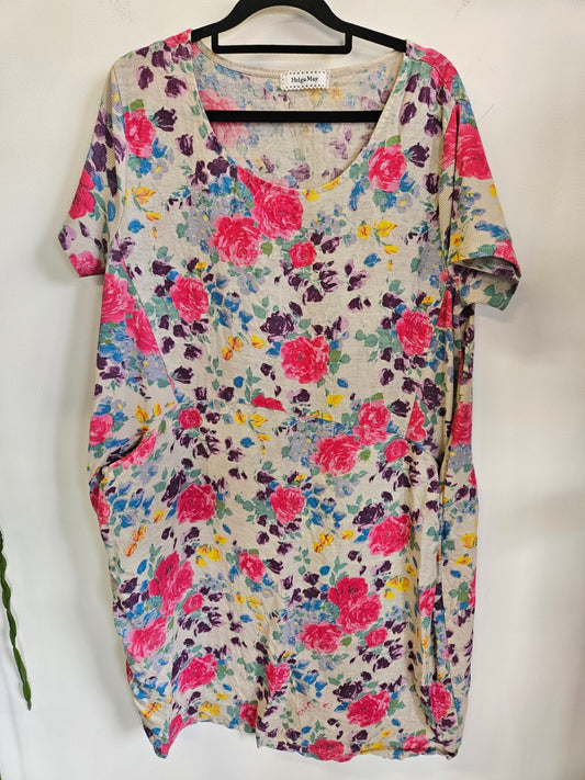 HELGA MAY LINEN SHORT SLEEVED DRESS BEIGE FLORAL SIZE L