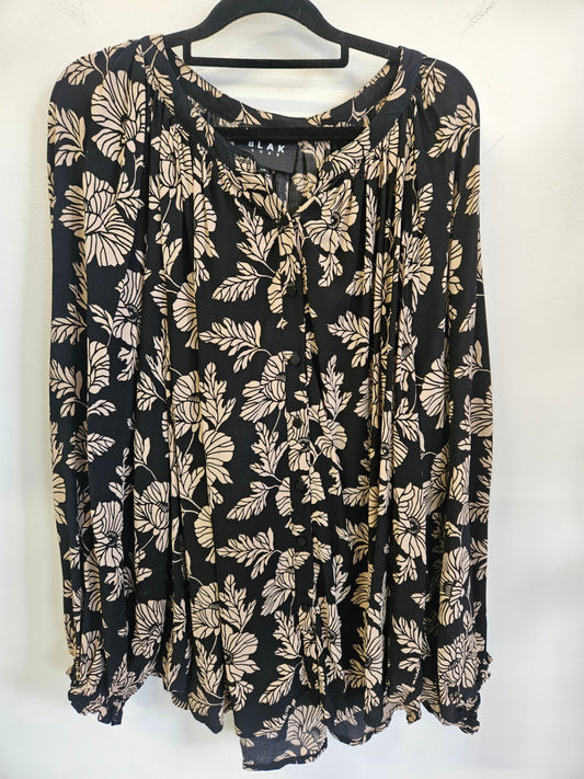 BLAK VISCOSE LONG SLEEVE TOP BLACK BEIGE FLORAL SIZE 14