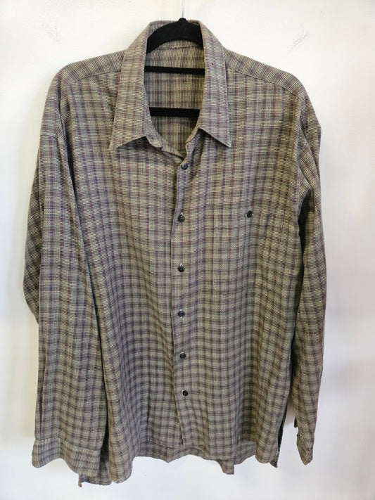 UNBRANDED COTTON BLEND KONG SLEEVE SHIRT PUPLE KHAKI GREY CHECK SIZE L