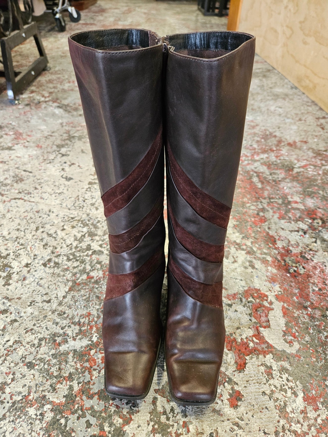 LEATHER AND SUEDE MID CALF BOOTS DARK BROWN SIZE 7