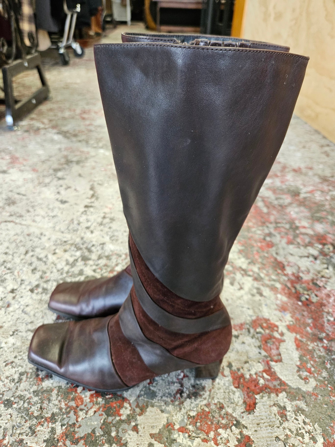 LEATHER AND SUEDE MID CALF BOOTS DARK BROWN SIZE 7