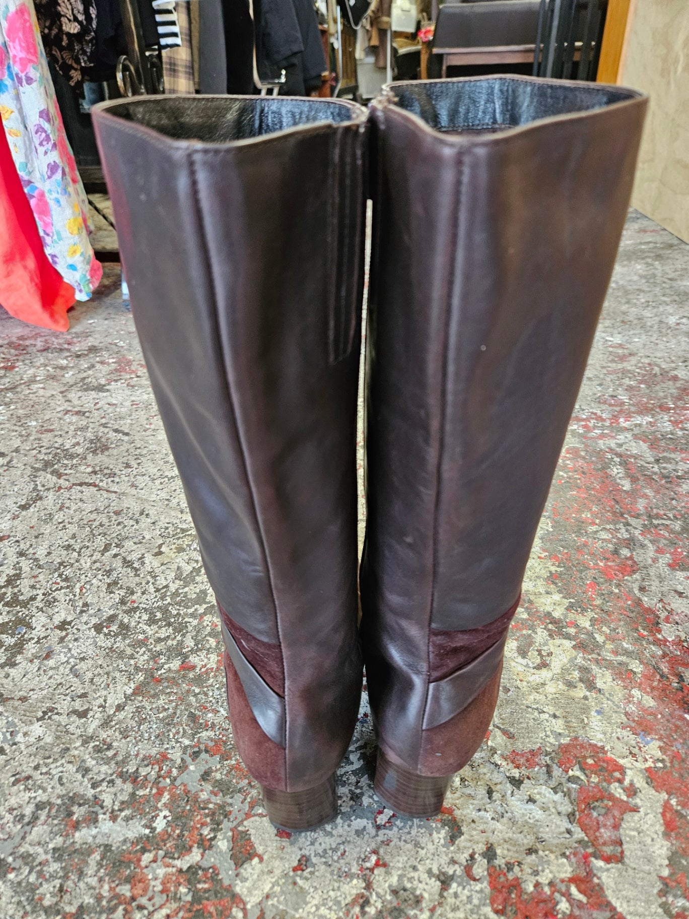 LEATHER AND SUEDE MID CALF BOOTS DARK BROWN SIZE 7