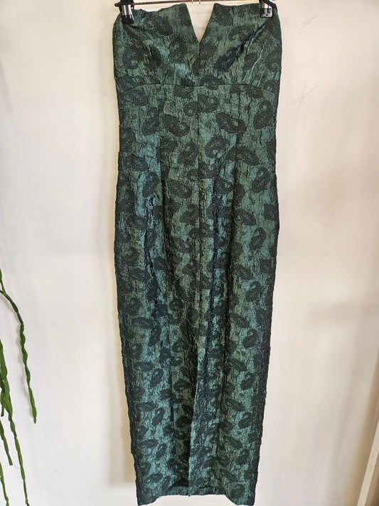 PAMPLERMOUSSE JACQUARD STRAPLESS FORMAL DRESS GREEN BLACK SIZE 10