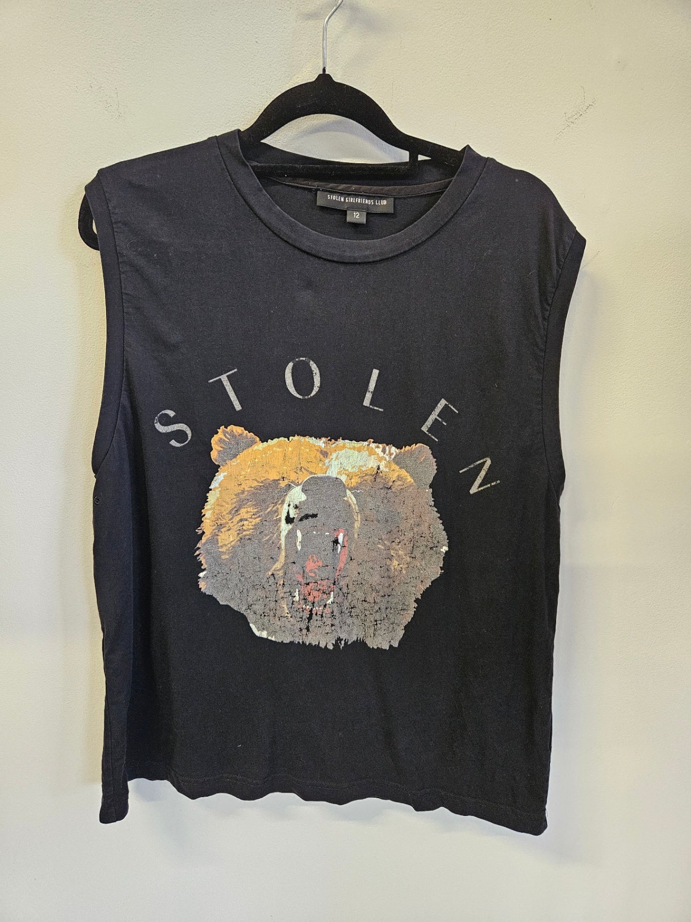 STOLEN GIRLFRIENDS CLUB COTTON SLEEVELESS TEE BLACK TIGER SIZE 12