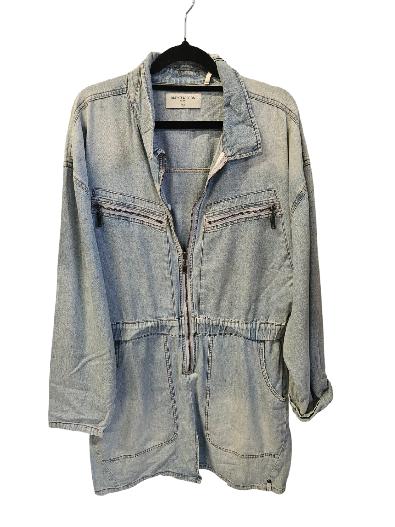 ONE TEASPOON DENIM 90S LONG SLEEVE MINI DRESS LIGHT BLUE SIZE XL