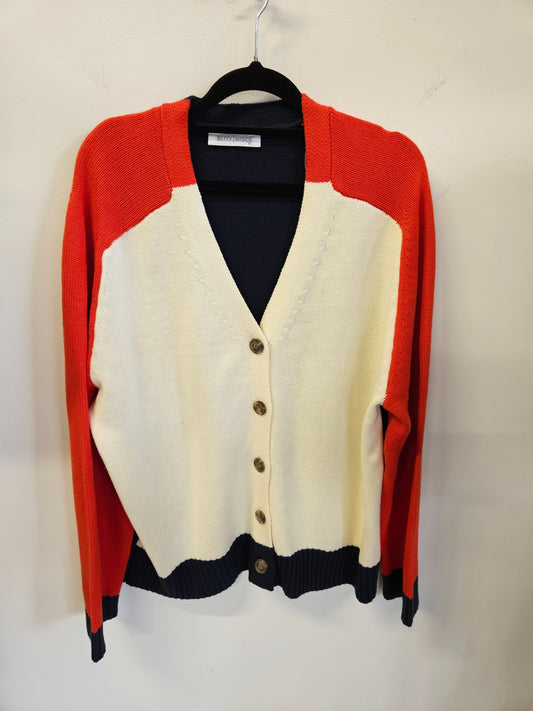 BETTY BASICS COTTON BLEND KNITTED CARDIGAN CREAM RED BLUE SIZE 16