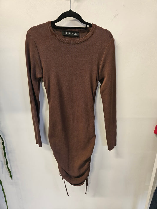 LIONESS COTTON LONG SLEEVE MINI DRESS BROWN SIZE S