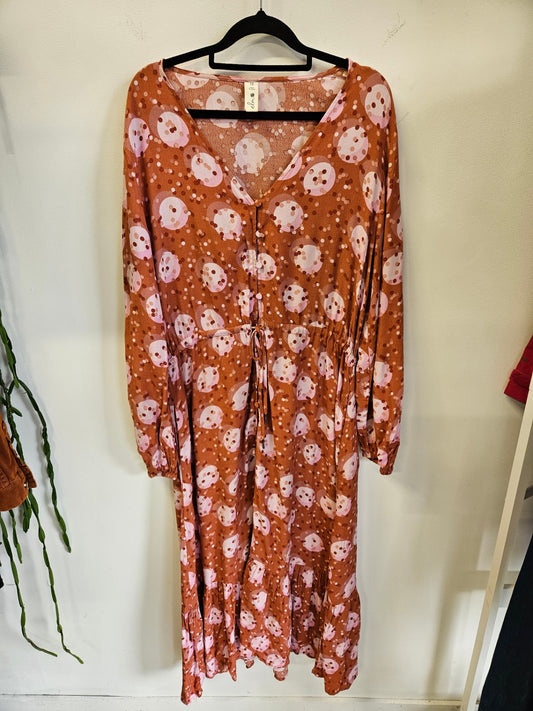 ELM VISCOSE LONG SLEEVE MAXI DRESS RUST PINK SIZE 10